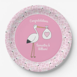 Pink Stork Baby Shower Paper Plate