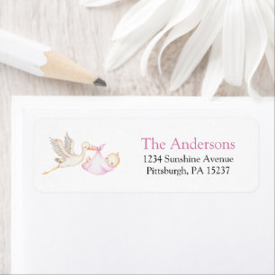 Pink Stork Baby Shower Return Address Label