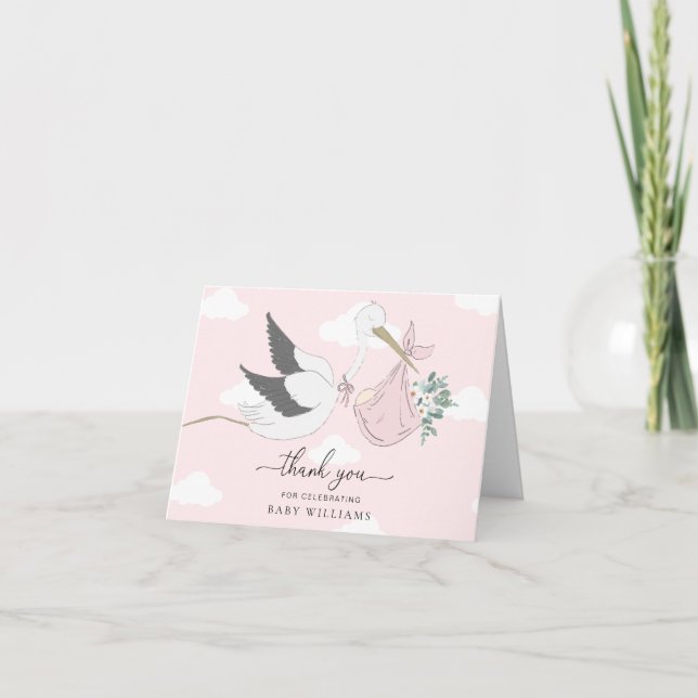 Pink Stork Baby Shower Thank You Card (Front)