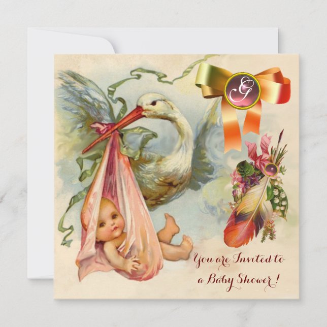 PINK STORK GIRL BABY SHOWER,GEMSTONE MONOGRAM INVITATION (Front)