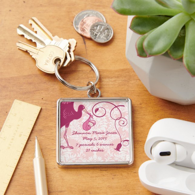 Pink Stork It's a Girl Announcement Keychain (Desk)
