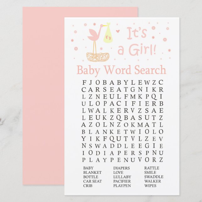 Pink Stork nest Baby Shower Word Search Game (Front/Back)