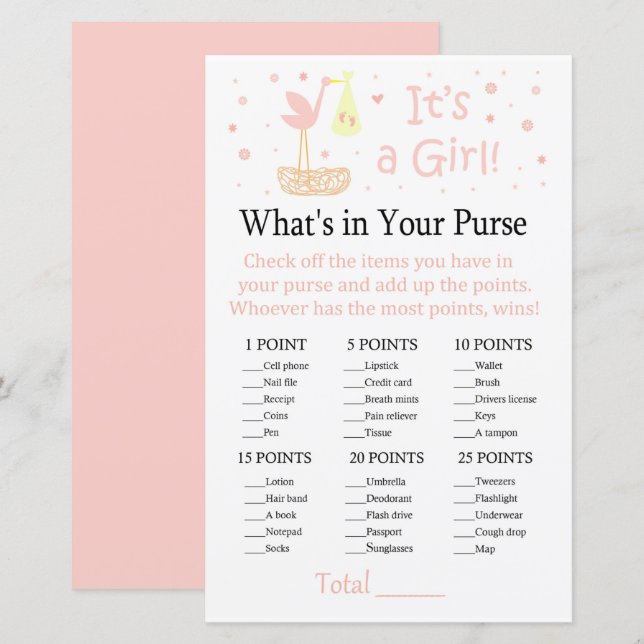 Pink Stork nest What's in your purse game (Front/Back)