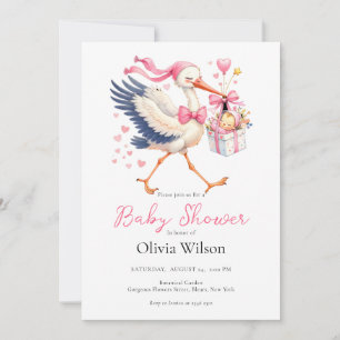 Pink Stork With Baby Invitation