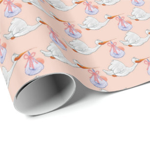 Pink storks wrapping paper