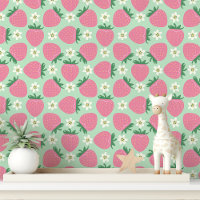 Pink Strawberries And Blooms On Mint Green
