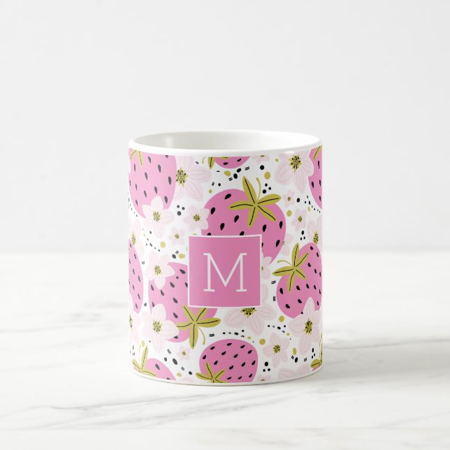 Pink Strawberries Custom Monogram Coffee Mug (Center)