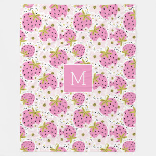 Pink Strawberries Custom Monogram Fleece Blanket