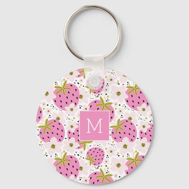 Pink Strawberries Custom Monogram Keychain (Front)