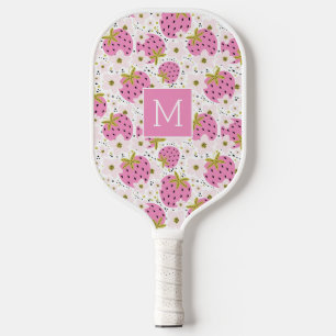 Pink Strawberries Custom Monogram Pickleball Paddle