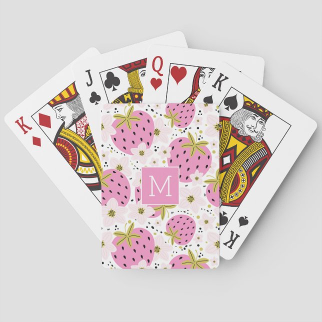 Pink Strawberries Custom Monogram Playing Cards (Back)