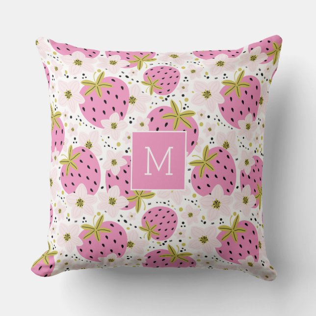 Pink Strawberries Custom Monogram Throw Pillow (Front)