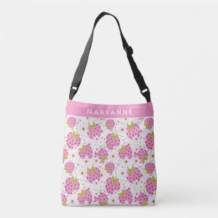 Pink Strawberries Custom Name Crossbody Bag