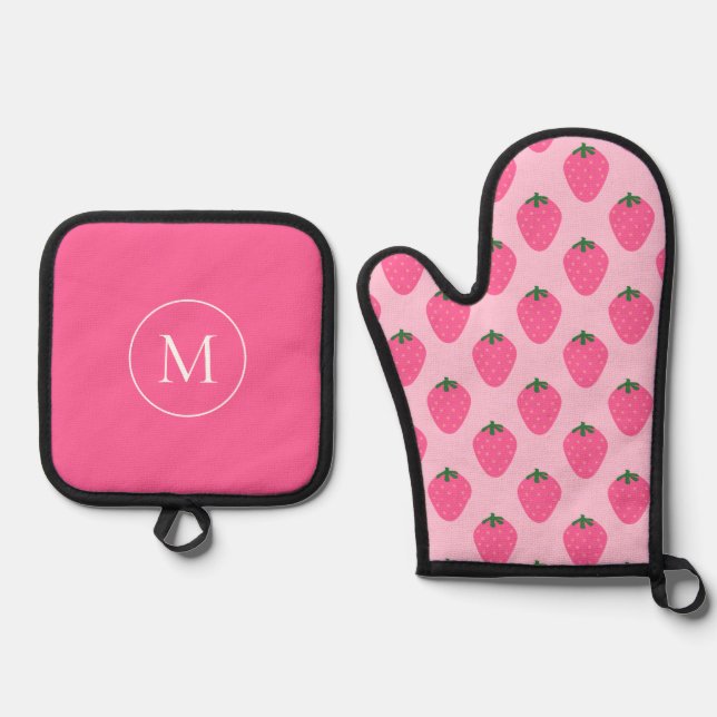 Pink Strawberries, cute customized Oven Mitt & Pot Holder Set (Front)