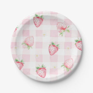 Pink Strawberries Gingham Berry First 1st Birthday Paper Plate