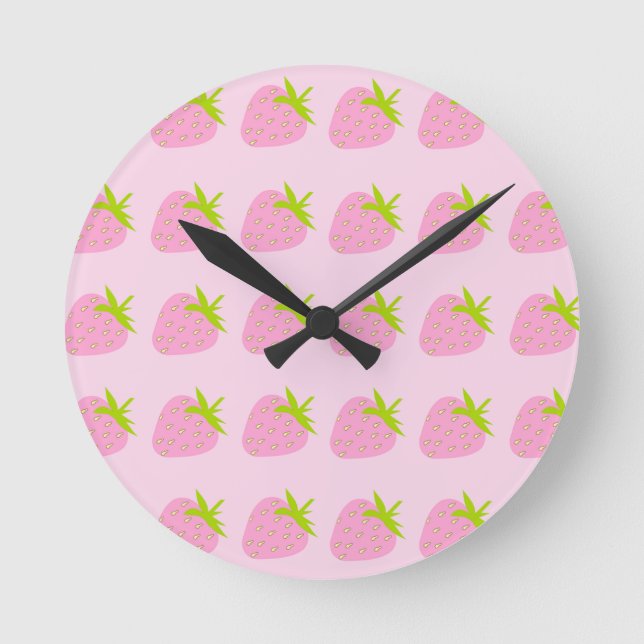 Pink Strawberries Round Clock (Front)