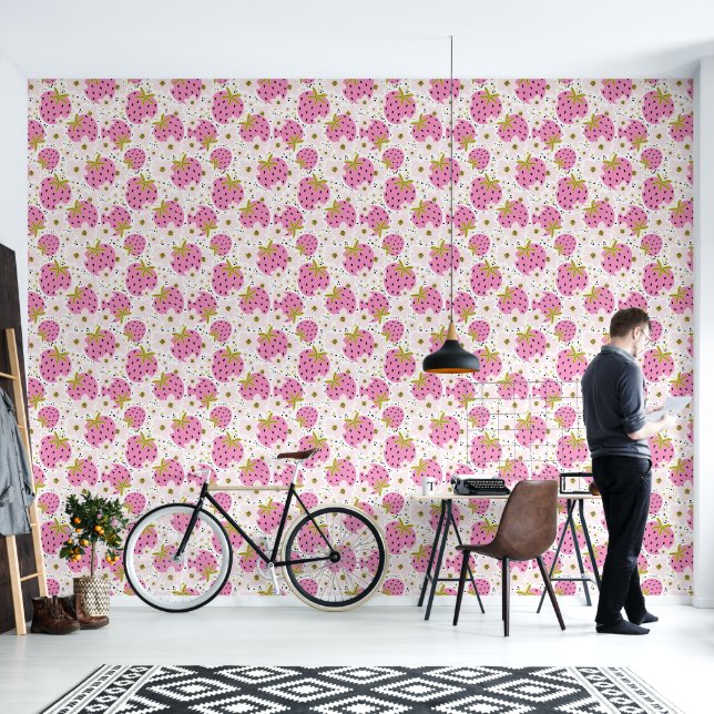 Pink Strawberries Wallpaper (Living Room)