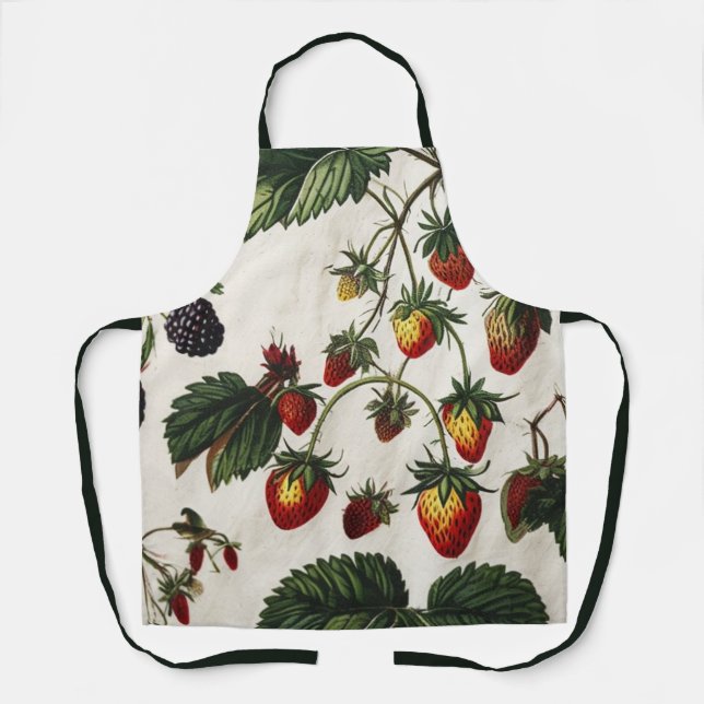 Pink Strawberry Apron - Retro Fruit Print Kitchen  (Front)