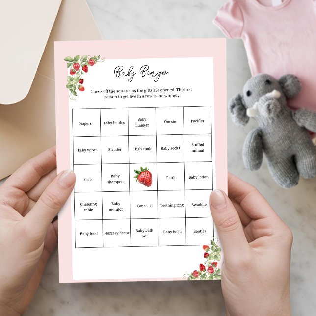 Pink Strawberry Baby Shower Baby Bingo Activity (Berry Sweet Baby Bingo Activity Sheet)