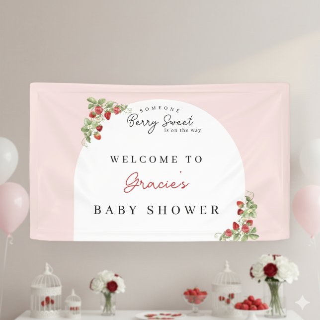 Pink Strawberry Baby Shower Banner (Berry Sweet Baby Shower Banner)