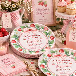 Pink Strawberry Baby Shower Custom Name Paper Plate
