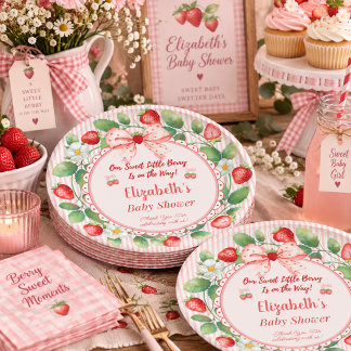 Pink Strawberry Baby Shower Custom Name Paper Plate
