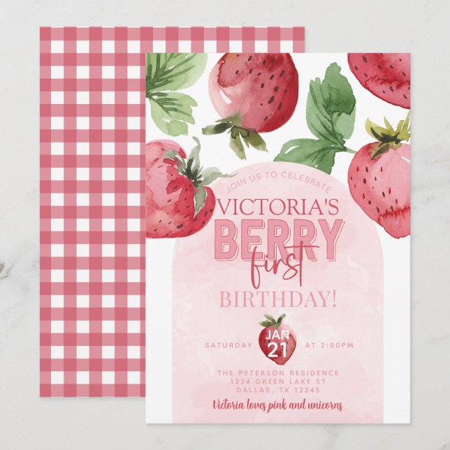 Pink Strawberry Berry First 1st Birthday Party Invitation (Front/Back)