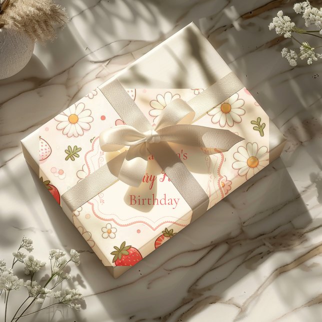 Pink Strawberry Berry First 1st Birthday Wrapping Paper (Creator Uploaded)