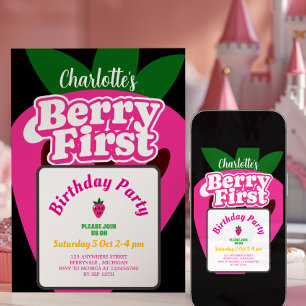 Pink Strawberry Berry First Birthday 1st Birthday  Invitation