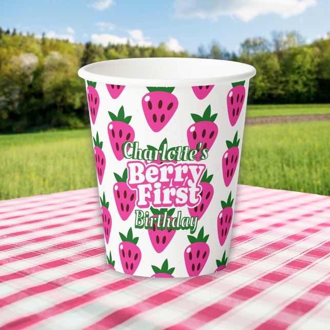 Pink Strawberry Berry First Birthday  Paper Cups (Creator Uploaded)