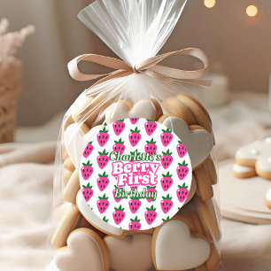 Pink Strawberry Berry First Birthday Paper Napkin Classic Round Sticker