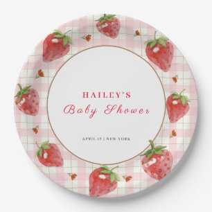 Pink Strawberry Berry Sweet Gingham Baby Shower Paper Plate