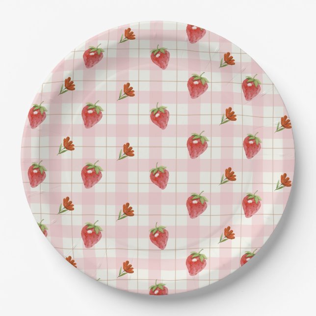 Pink Strawberry Berry Sweet Gingham Party Paper Plate (Front)