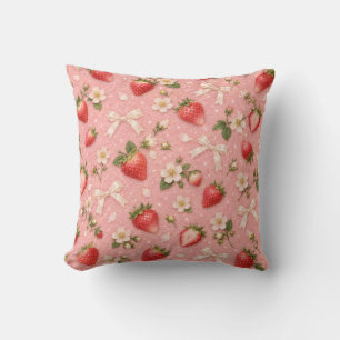 Pink Strawberry Bows Faux Glitter Floral Throw Pillow
