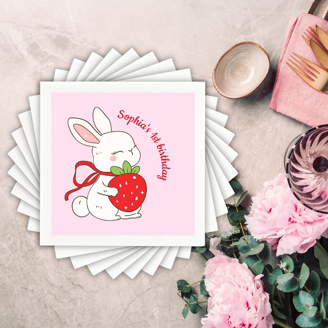 Pink Strawberry Bunny Birthday Napkin (Creator Uploaded)