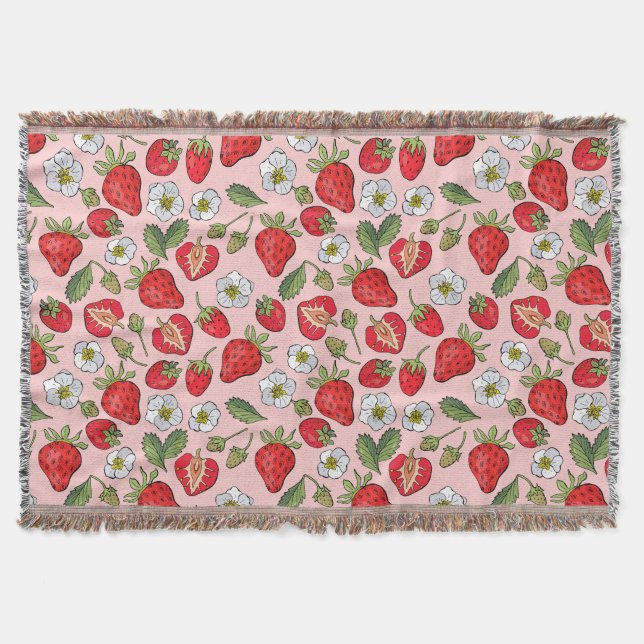 Pink Strawberry Cottagecore Cozy Woven Throw Blanket (Front)
