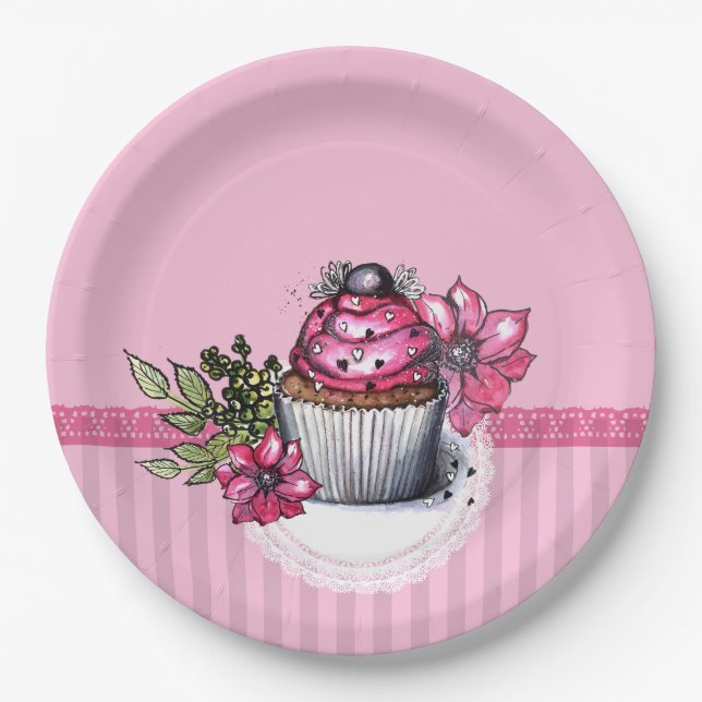 Pink Strawberry Cupcake Paper Party Plates (Front)