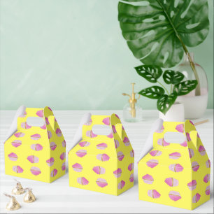 Pink strawberry cupcakes on yellow favor box