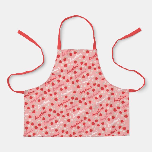 Pink Strawberry Custom Name Girls Apron (Front)