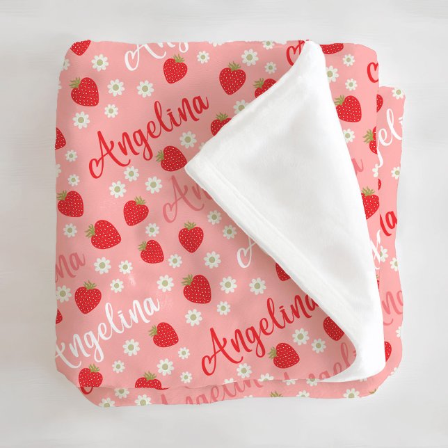 Pink Strawberry Custom Name Girls Fleece Blanket (Creator Uploaded)