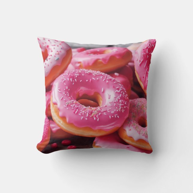 Pink Strawberry Doughnuts Throw Pillow (Front)