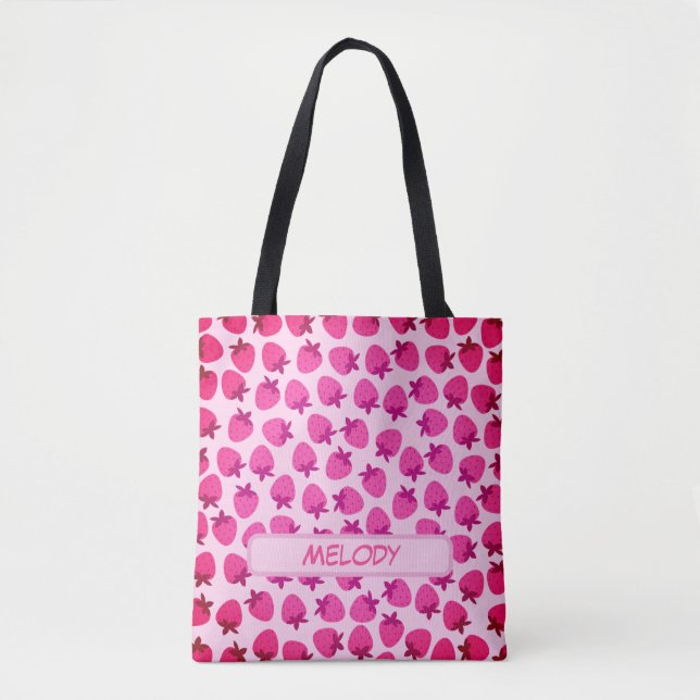 pink strawberry field summer nature fruit initial tote bag (Front)