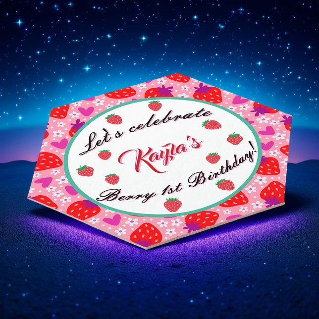 Pink Strawberry First Birthday Party  Paper Coaster (Creator Uploaded)