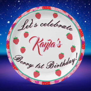 Pink Strawberry First Birthday Party Paper Plate