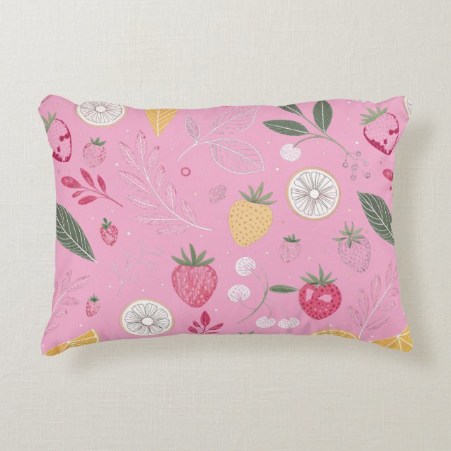 Pink Strawberry & Floral Accent Pillow (Front)