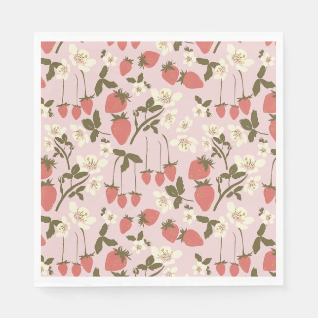 Pink Strawberry Floral Paper Napkin (Front)