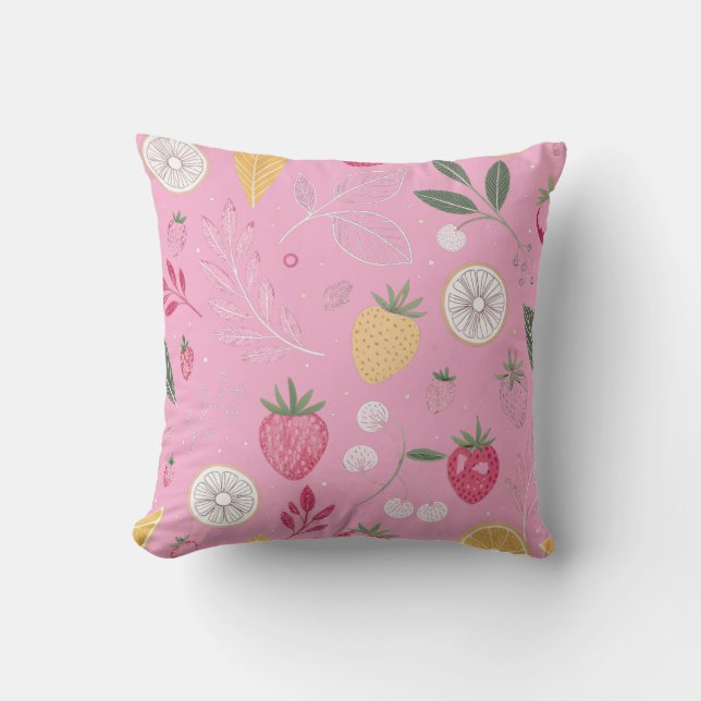 Pink Strawberry & Floral Pattern Throw Pillow (Front)