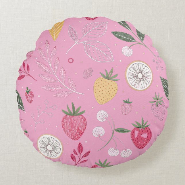 Pink Strawberry & Floral Round Pillow (Front)