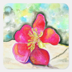 Pink Strawberry Flower Watercolor Square Sticker