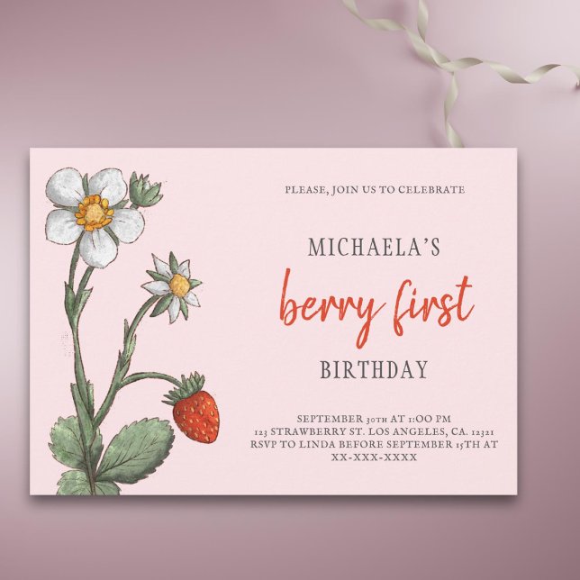 Pink Strawberry Flowers Berry First Birthday  Invitation (Creator Uploaded)